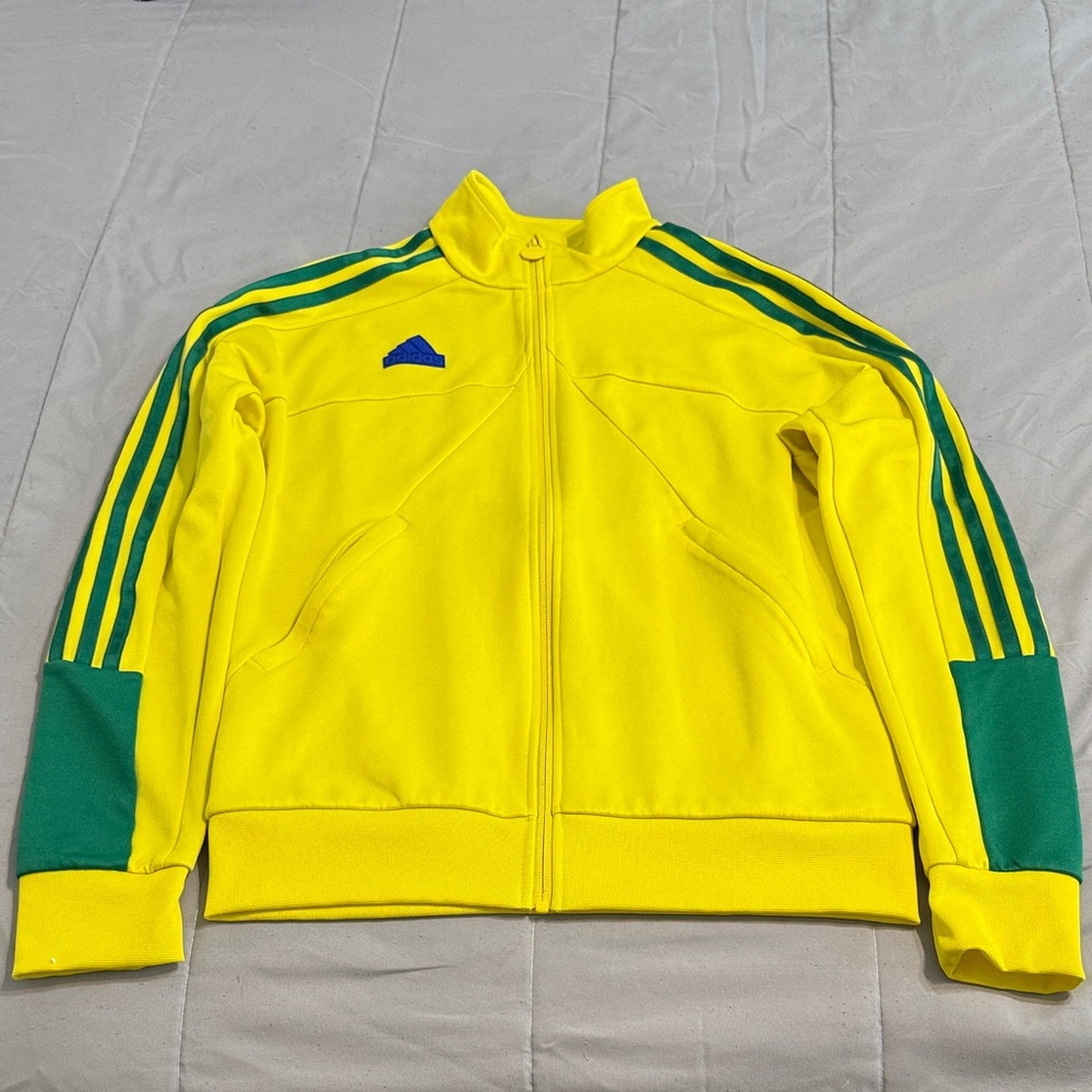 Adidas Yellow Jacket with Green Stripes and Blue Logo